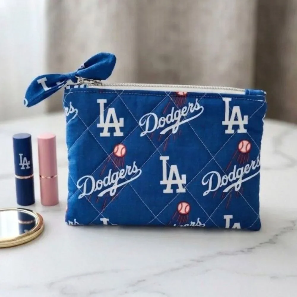 LA Blue Baseball Team Quilted Bow Pouch - Washable Cotton Makeup Bag